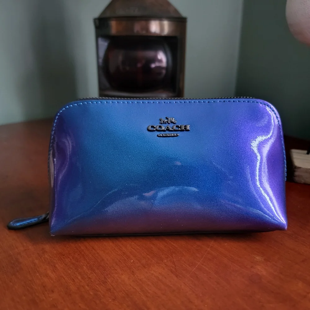 Coach F29412 Holographic Blue Purple Patent Leather Cosmetic Pouch Bag